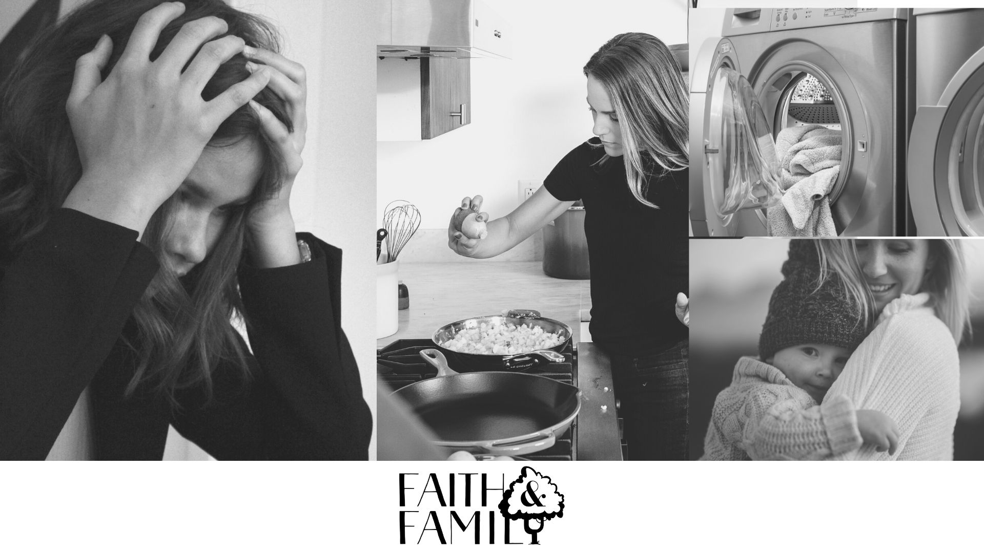 a black and white collage of a busy and tired mom