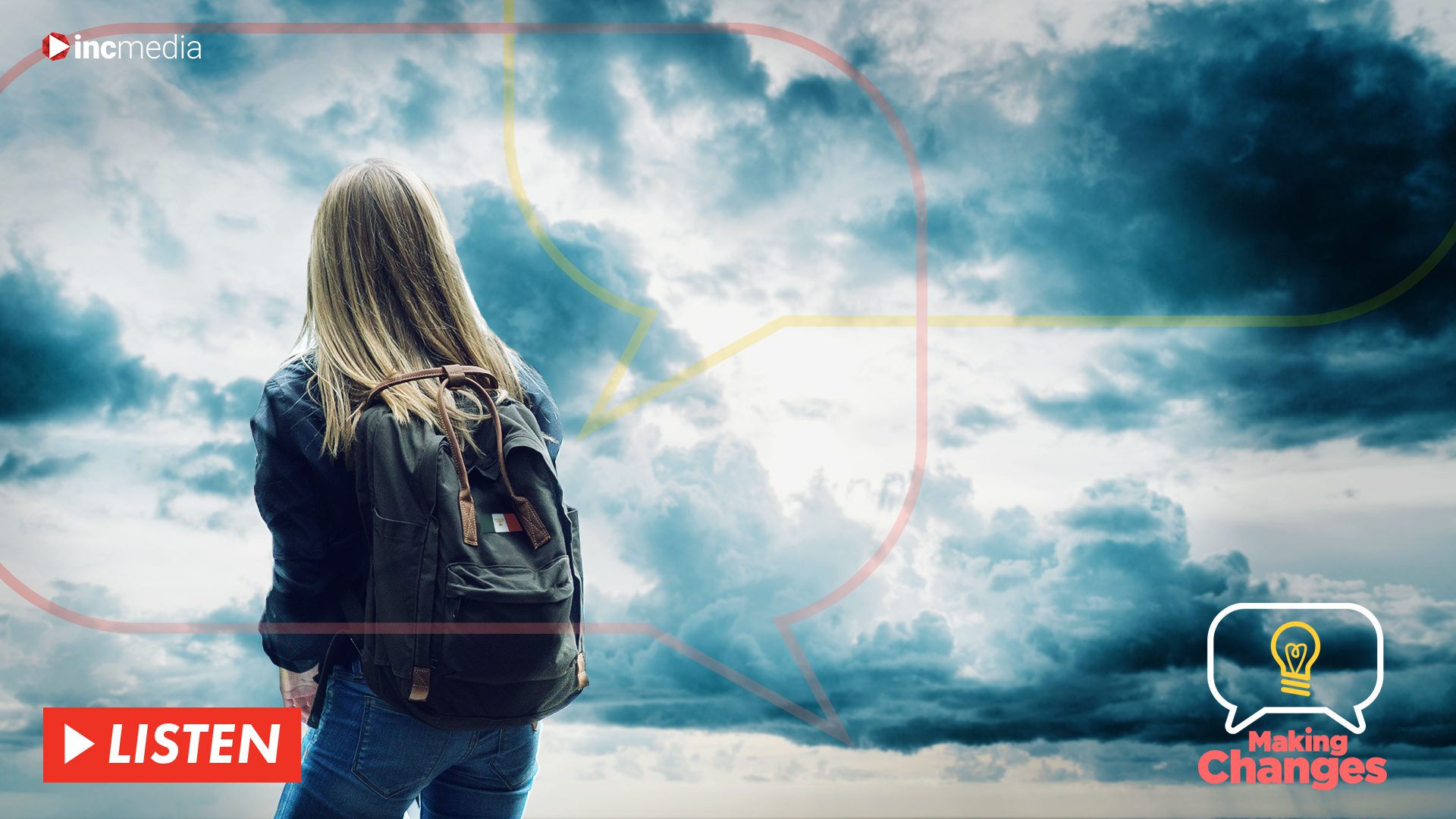 Girl with back pack looking at the clouds