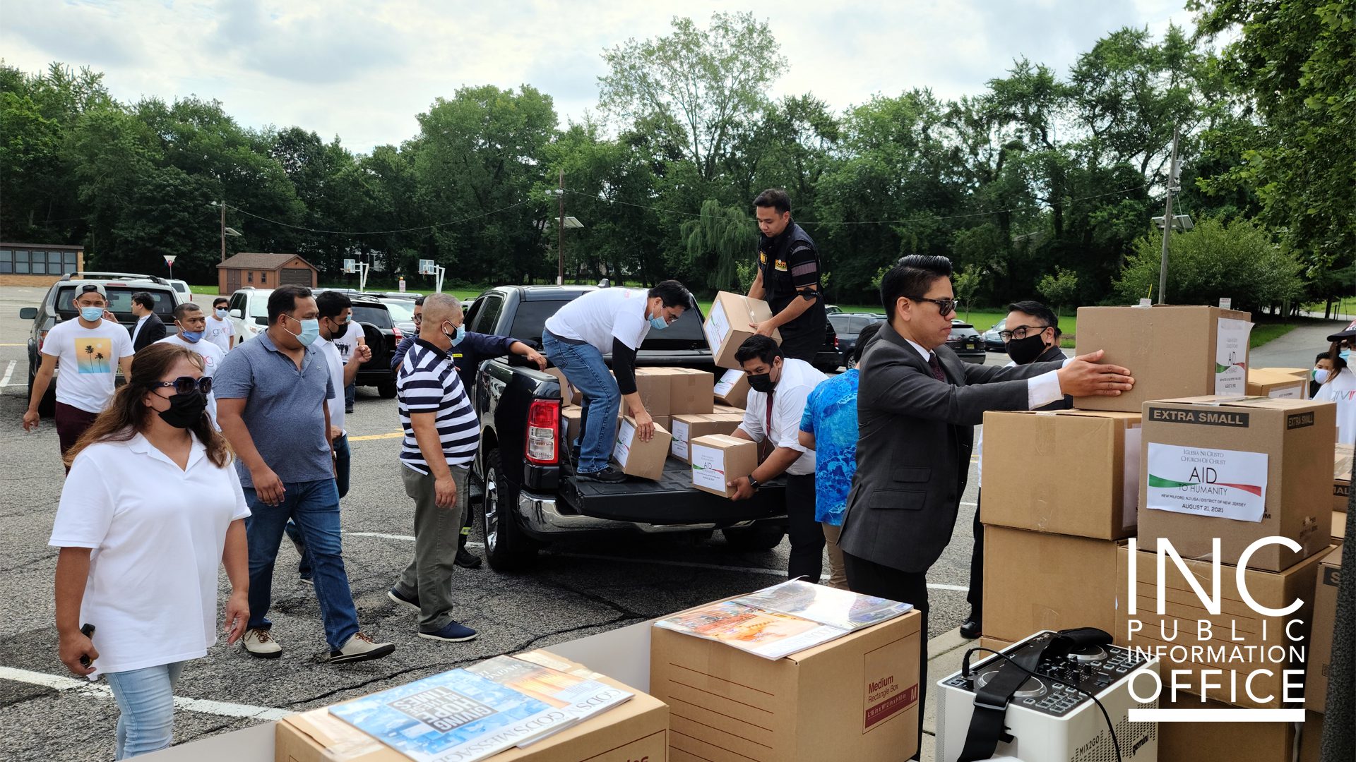 A portion of the 250 boxes of food items donated by the INC to the New Millford, New Jersey food pantry in the Church of Ascension.