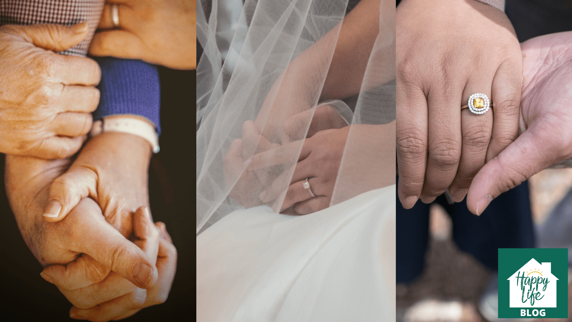Different couples holding hands in various relationship stages from engaged to newly married to married for many years