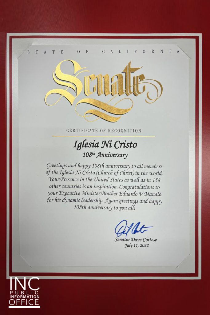 Certificate of Recognition acknowledging Iglesia Ni Cristo Day signed by Senator Dave Cortese.